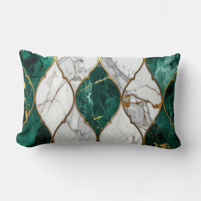 Modern Royal Emerald Green Mosaic & Gold Pillow Lumbarkudde (Framsida)