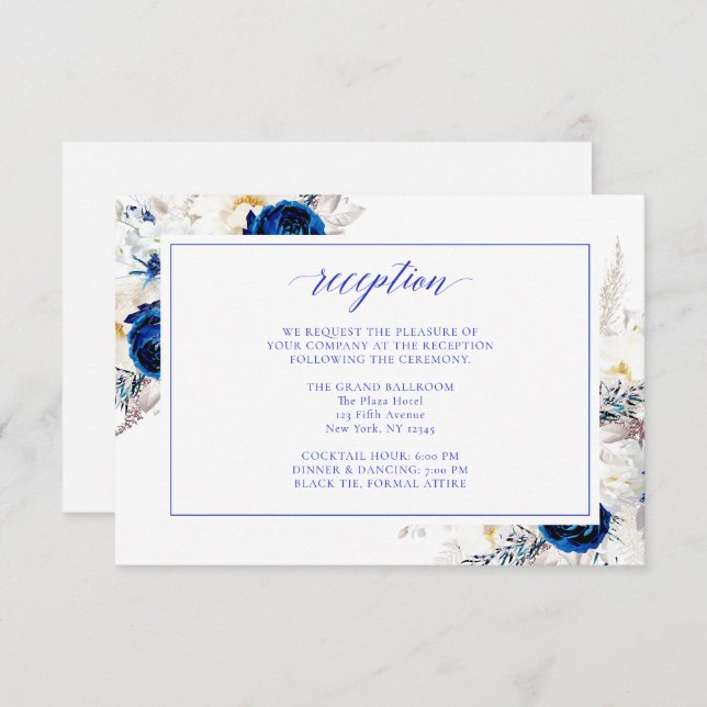 Modern Royalblå Blommig Bröllopsfestkort Tack Kort (Fram/baksida)