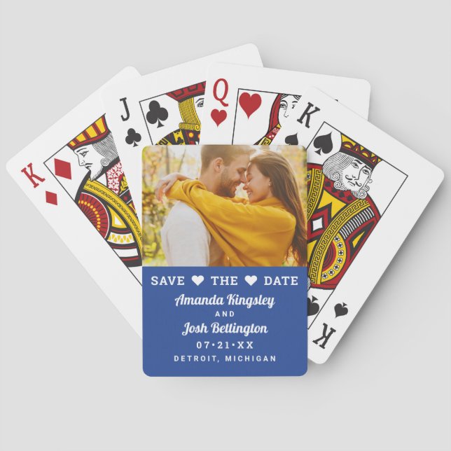 Modern Royalblå Foto Hjärtformad Save the Date Casinokort (Baksidan)