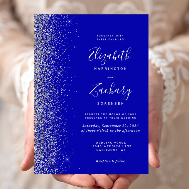 Modern Royalblå Silver Glitter Kant Bröllop Inbjudningar (Skapare uppladdad)