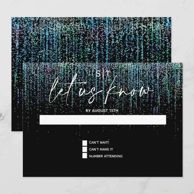 Modern RSVP Edgy Teal Glitter Inbjudan (Fram/baksida)