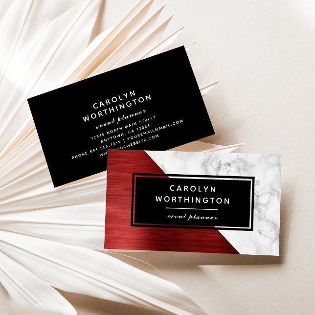 Modern Ruby Red Brushed Foil White Marble Black Visitkort (Skapare uppladdad)