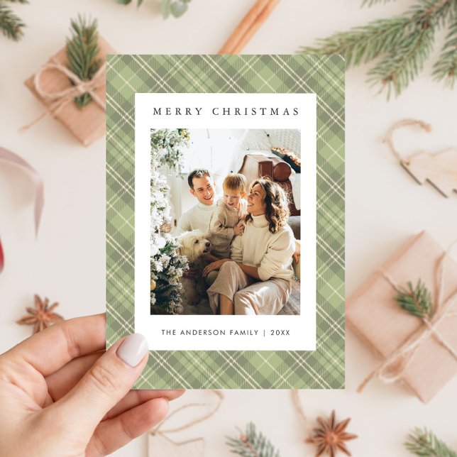 Modern ruff grön rutig familjefoto jul julkort (Skapare uppladdad)