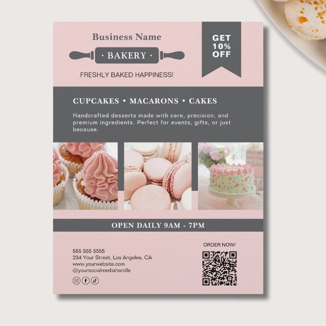 Modern Rullande Pinne Rosa Grå Bageri Affärs Flyer (Modern Rolling Pin Pink Gray Bakery Business Flyer)