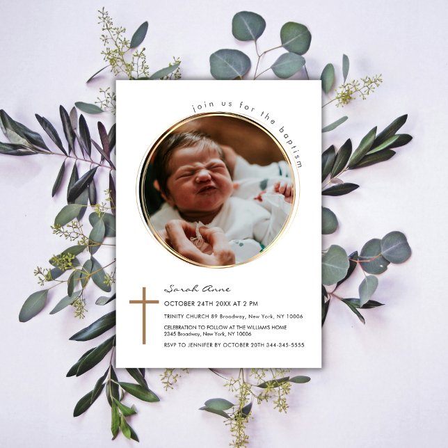 Modern runda fotboll Guld Kor-baptism Inbjudningar (Modern Round Circle Photo Gold Cross Baptism Invitation)