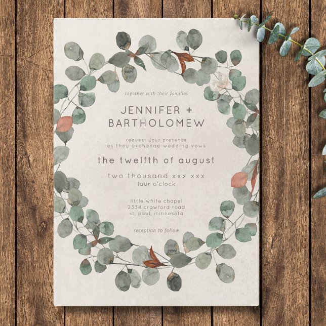 Modern Rust Grönt Eucalyptus Utandning Bröllop Inbjudningar (Modern Rust Green Eucalyptus Wreath Wedding Invitation)