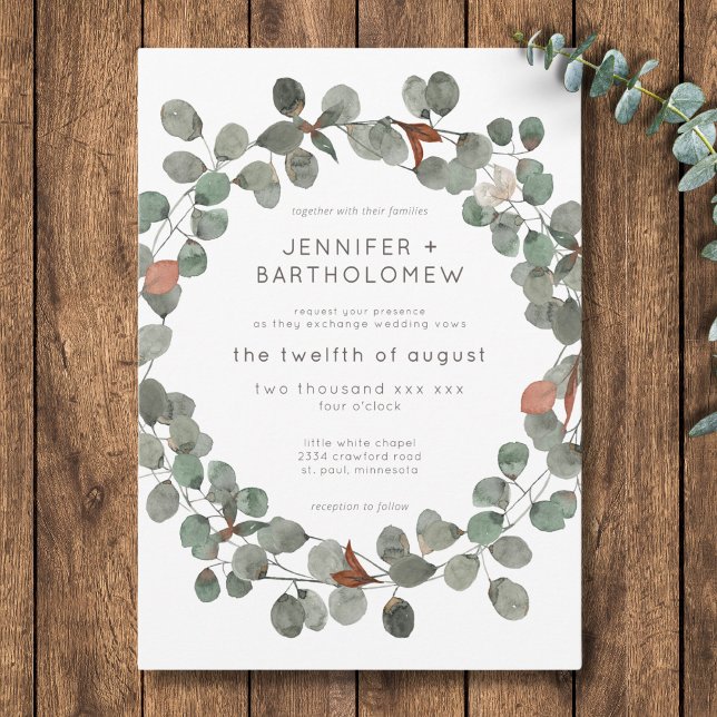 Modern Rust Grönt Eucalyptus Utandning Bröllop Inbjudningar (Modern Rust Green Eucalyptus Wreath Wedding Invitation)