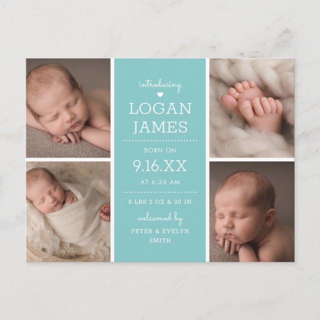 Modern Rustic 4 Photo Collage Baby-meddelande Meddelande Vykort (Framsida)