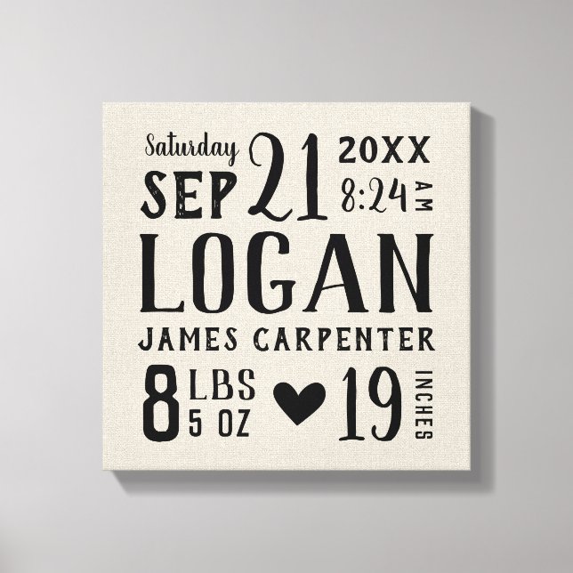 Modern Rustic Baby Birth Stats Nursery Art Canvastryck (Framsida)