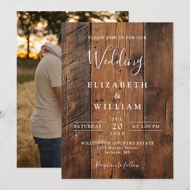 Modern Rustic Barn Wood Photo Bröllop Inbjudningar (Fram/baksida)
