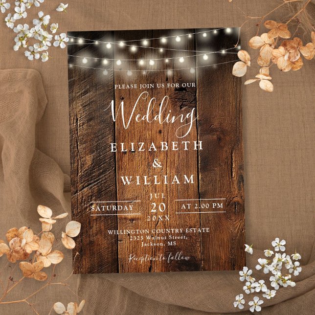 Modern Rustic Barn Wood String Ljus Bröllop Inbjudningar (Modern Rustic Barn Wood String Lights Wedding Invitation)