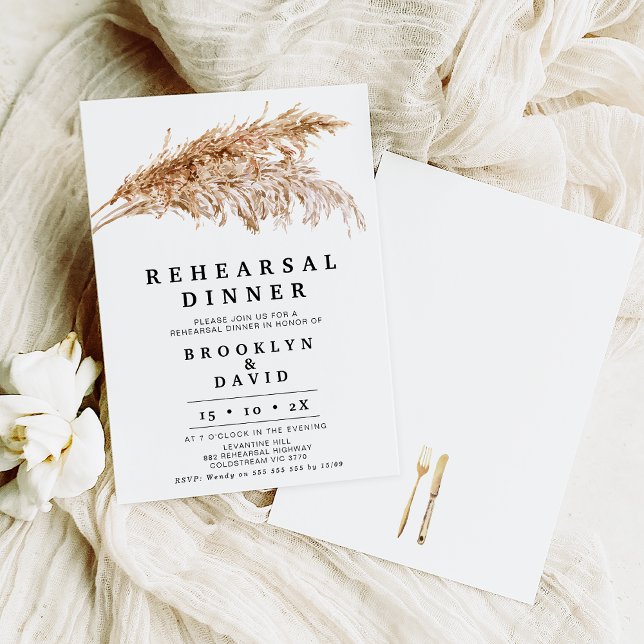 Modern Rustic Boho Pampas Grass Rehearsal Middag Inbjudningar (Rustic Pampas Grass Rehearsal Dinner Invitation, Minimalist Pampas Rehearsal Dinner Template)
