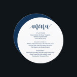 Modern Rustic, Bröllop Elopement Reception Middag Meny<br><div class="desc">Modern Rustic Navy Blue,  Round Plate Fores,  Bröllop elopement Dinner Menu. En perfekt pub-meny för din stora dag. Du kan ändra skriptteckensnittet färg och ändra menyn innehåll och typsnitt för att uppfylla dina behov.</div>