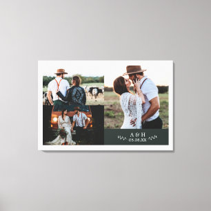 Modern Rustic Bröllop Photo Collage Löv Monogram Canvastryck