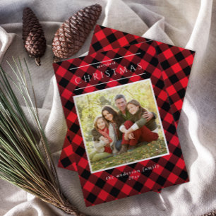 Modern Rustic Buffalo Check Family Photo Helgdag Julkort