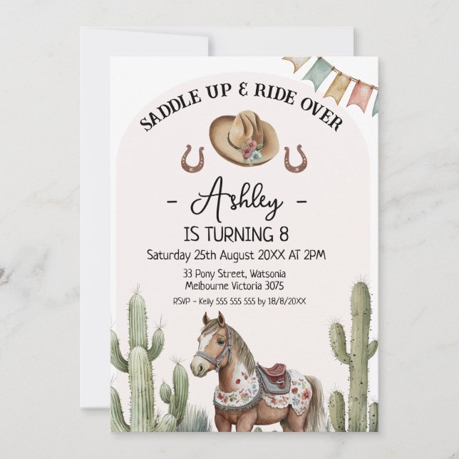 Modern Rustic Cactus Saddle Up Horse Birthday Inbjudningar (Framsida)