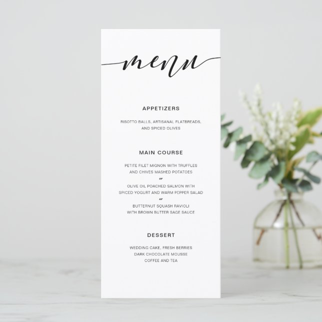 Modern Rustic Calligraphy Wedding Reception Menu Meny (Stående Fram)