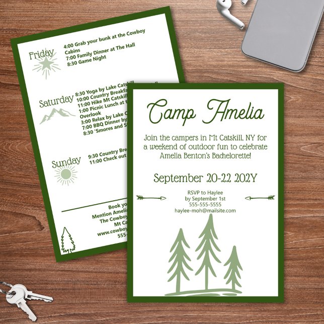 Modern Rustic Camp Bachelorette Itinerary Grönt Inbjudningar (Camp Bachelorette Invitation with Weekend Itinerary)