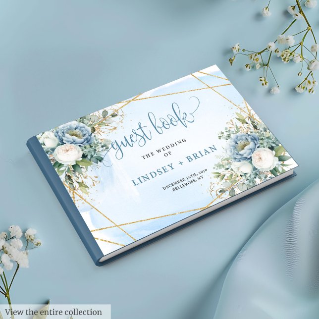 Modern Rustic Dusty Blue White Guld Blommigt Bröll Gästböcker (Modern Rustic Dusty Blue White Gold Floral Wedding Guest Book)