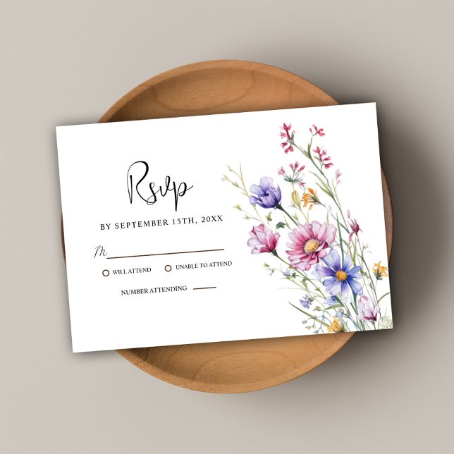 Modern Rustic Elegant Wildblomma Blommigt Bröllop OSA Kort (Modern Rustic Elegant Wildflower Floral Wedding RSVP Card)