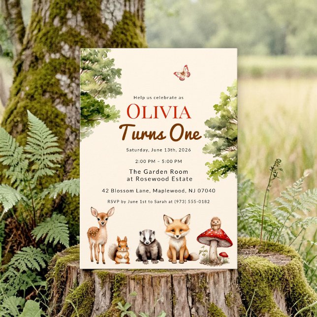 modern Rustic Forest Animals Baby's First Birthday Inbjudningar (Skapare uppladdad)