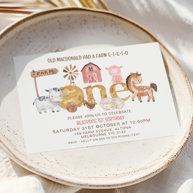 Modern Rustic Girls One Farm 1:a födelsedagen Inbjudningar (Girls Farm Themed First Birthday Invitation, Farmyard 1st Birthday Invite Girl, Oink Baa Moo Invite)