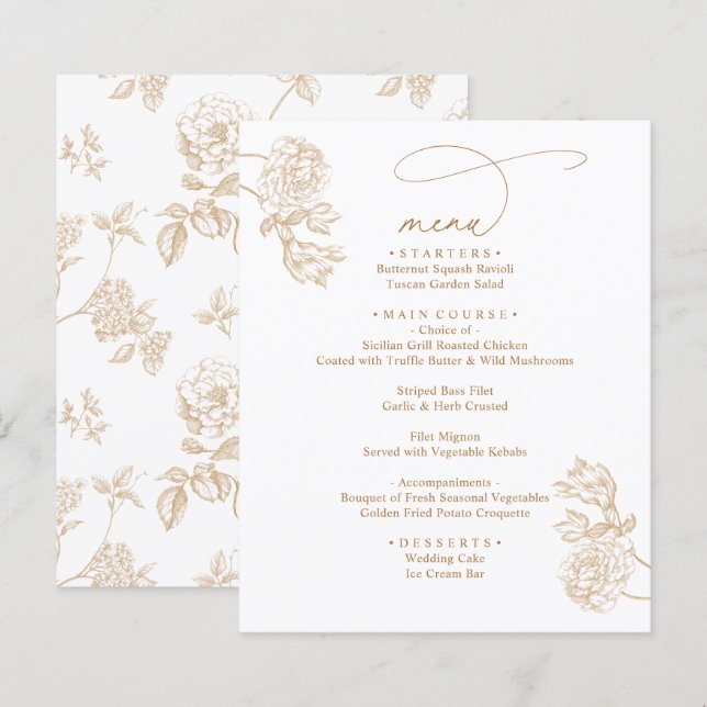 Modern Rustic Gold Floral Wedding Menus (Fram/baksida)