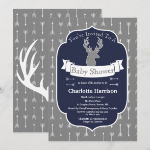 Modern Rustic Grått & Navy Hjort & Arrow Baby Show Inbjudningar