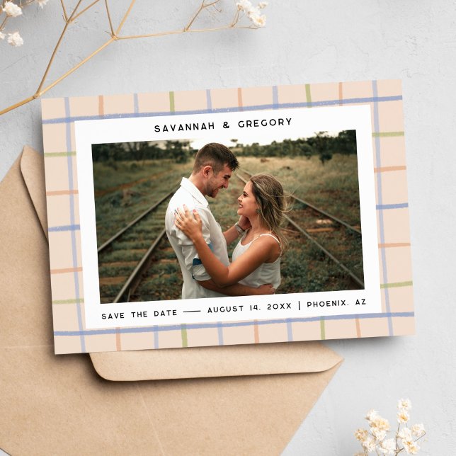 Modern Rustic Hand plockade Photo Save Date Spara Datumet (modern save the date with picnic blanket design)