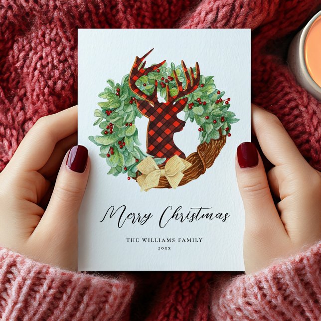 Modern Rustic Hjort-jul-andedräkt utan foto Julkort (Modern Rustic Deer Christmas Wreath Holiday Card)