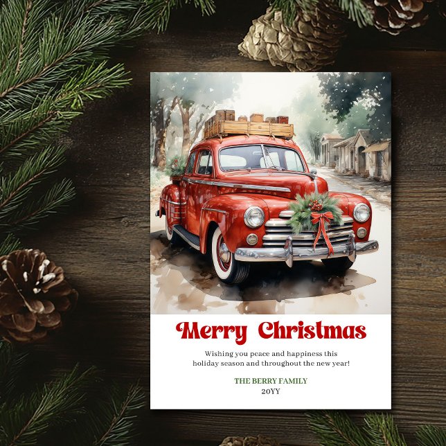 Modern rustic jul röda bil semester design julkort (Modern rustic Christmas red car holiday design)