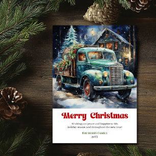 Modern rustic julscen vattenfärg röd lastbil julkort