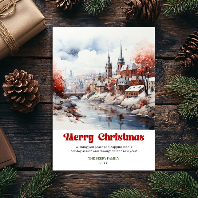 Modern rustic julscen vattenfärgshögtid   julkort (Modern rustic Christmas scene watercolor holiday card)