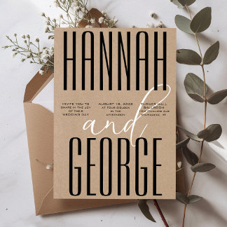 Modern Rustic Kraft Black & White QR Code Wedding Inbjudningar