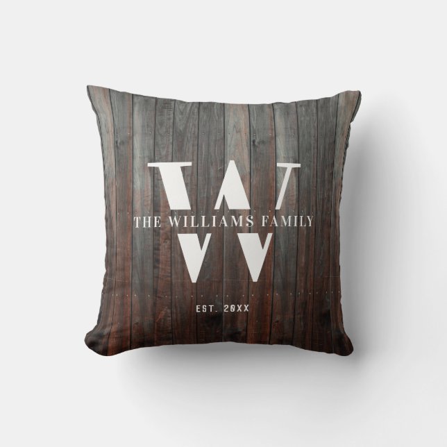 Modern Rustic Monogram Family Namn Vintage Wood Kudde (Framsida)