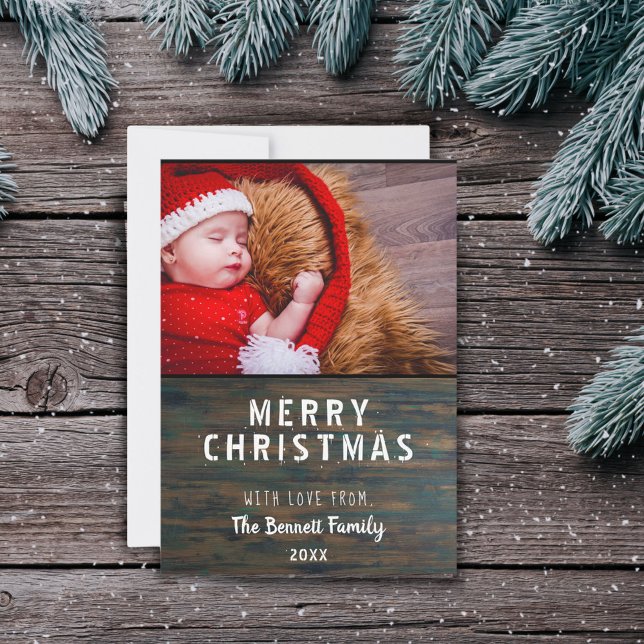 Modern Rustic Mörk Wood God jul Photo Card (Skapare uppladdad)