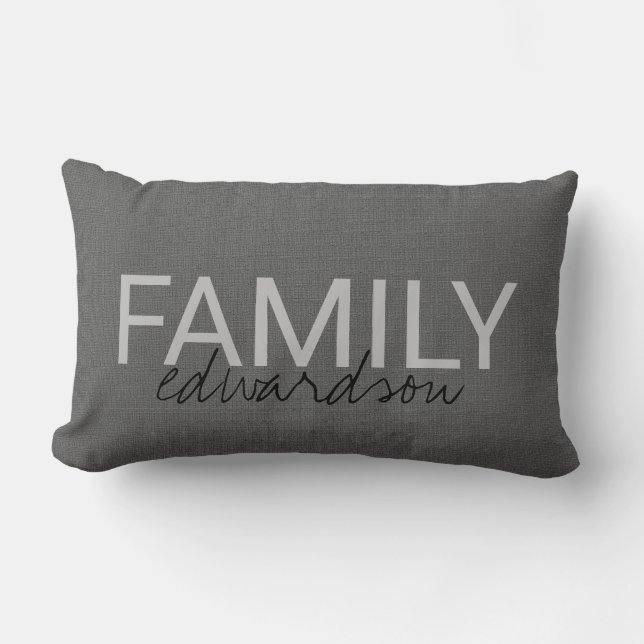 Modern rustic mörkgrå burlap anpassat familjenamn lumbarkudde (Framsida)