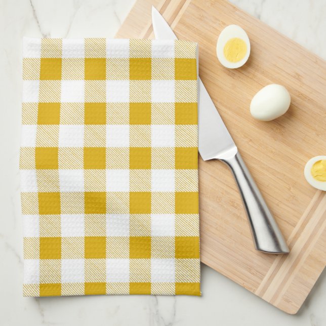 Modern Rustic Mustard Gult Gingham Checks Kökshandduk (Vikt i Fjärdedel)
