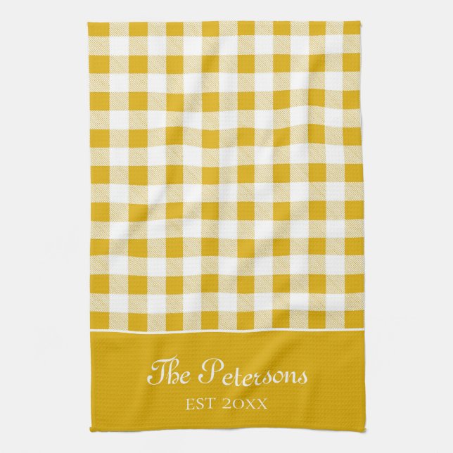 Modern Rustic Mustard Gult Gingham Family Namn Kökshandduk (Vertikal)