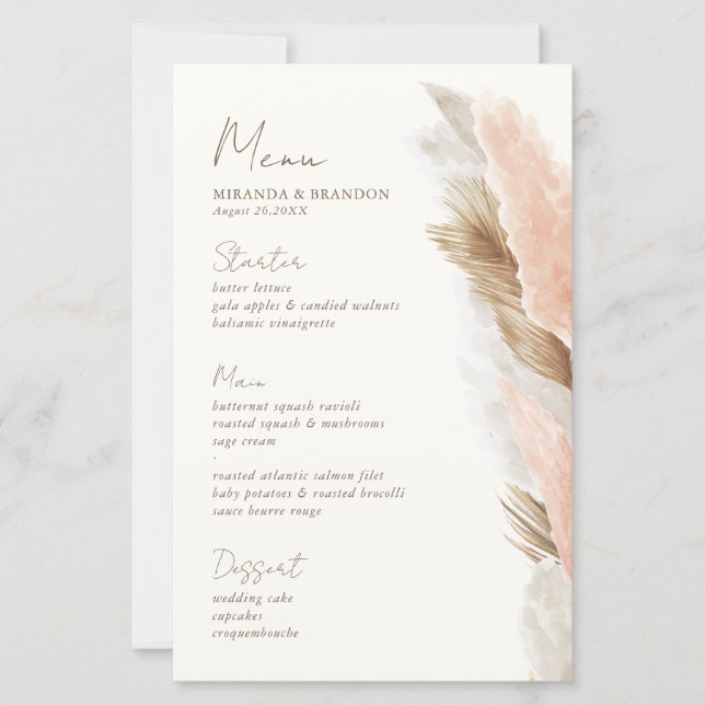 Modern Rustic Pampas Grass Wedding Menu Card (Framsida)