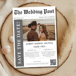 Modern Rustic Photo Bröllop Newspaper QR Code Spara Datumet