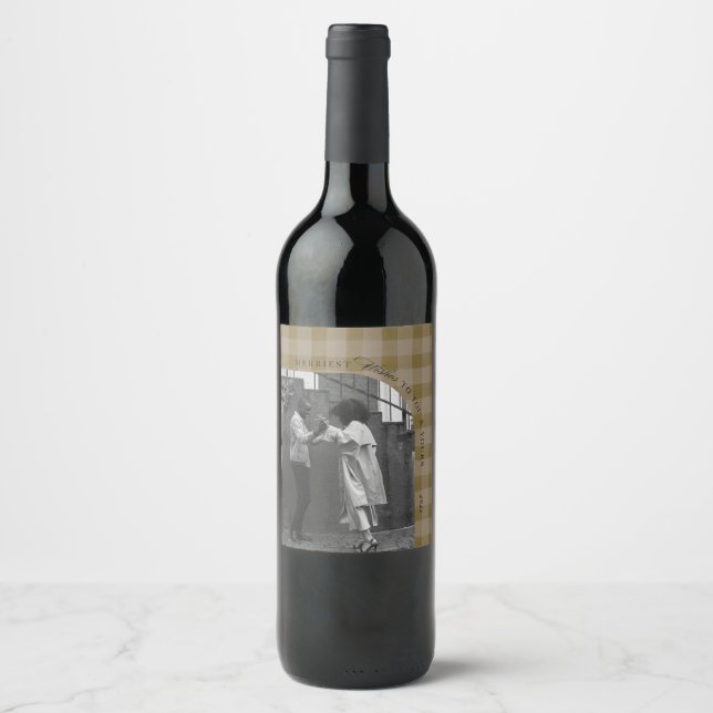 Modern Rustic Plaid Holiday Wine Label Personalize Vinflaska Etikett (Framsida)