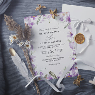 Modern Rustic Purple Flower Budget QR Code Wedding Inbjudningar