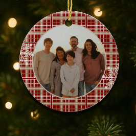 Modern Rustic Red Tan Play Snowflake Photo Julgransprydnad Keramik