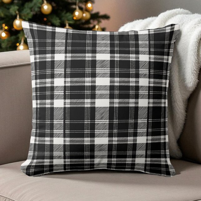 Modern Rustic Retro i svart och vitt Mönster Kudde (Black and White Plaid Pattern Modern Rustic Retro Throw Pillow)