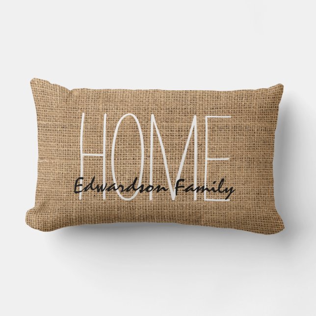 Modern rustic säckväv Hem familjenamn skript Lumbarkudde (Framsida)