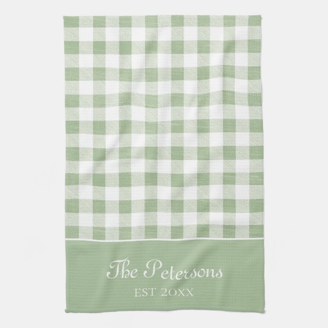 Modern Rustic Sage White Gingham Family Namn Kökshandduk (Vertikal)