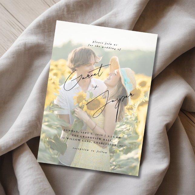 Modern Rustic Solros Roligt Overlay Photo Bröllop Inbjudningar (Skapare uppladdad)