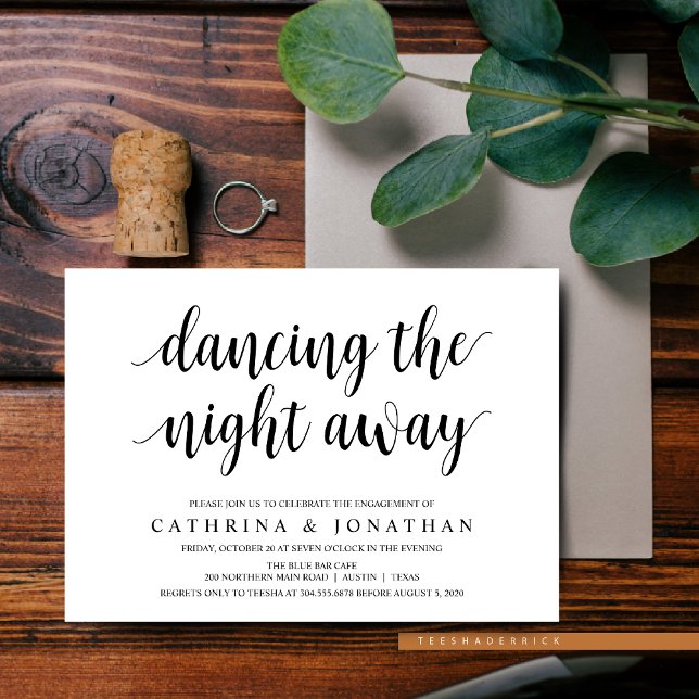 Modern Rustic, svart skript, Förlovningsfest Inbjudningar (Dancing The Night Away, Modern Rustic, Engagement Dinner and Party Invitation Cards)