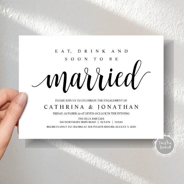 Modern Rustic, svart skript, Förlovningsfest Inbjudningar (Modern Wedding Engagement Party Invitation Card, Eat, Drink and Soon To Be Married, Black and White)